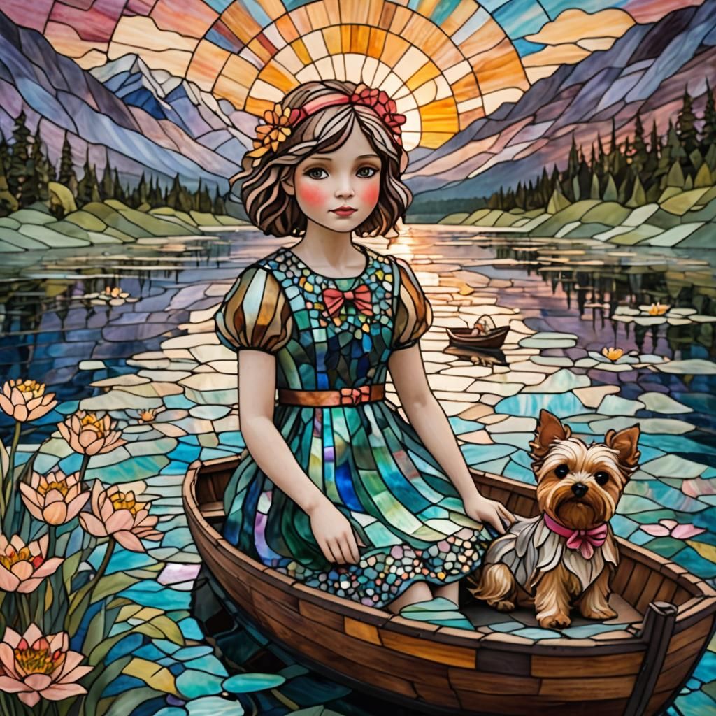 Whimsical Stained Glass Girl in Boat on Lake