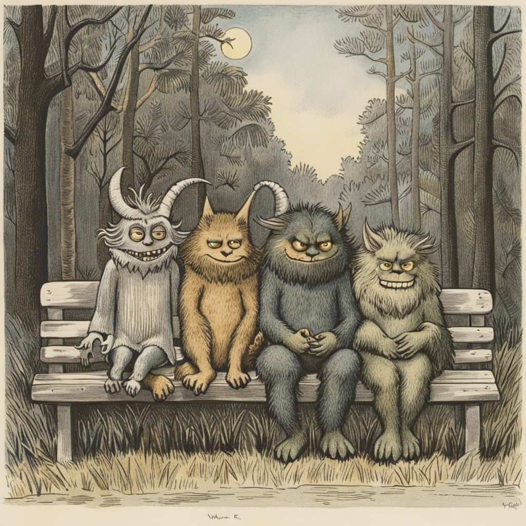 Monsters on a Bench in Children's Book Style