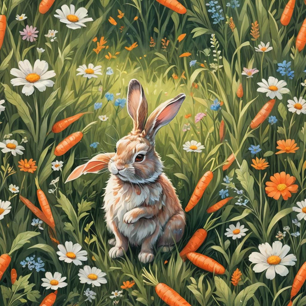 Bunny Bites Carrot in Lush Meadow: Fantasy Art