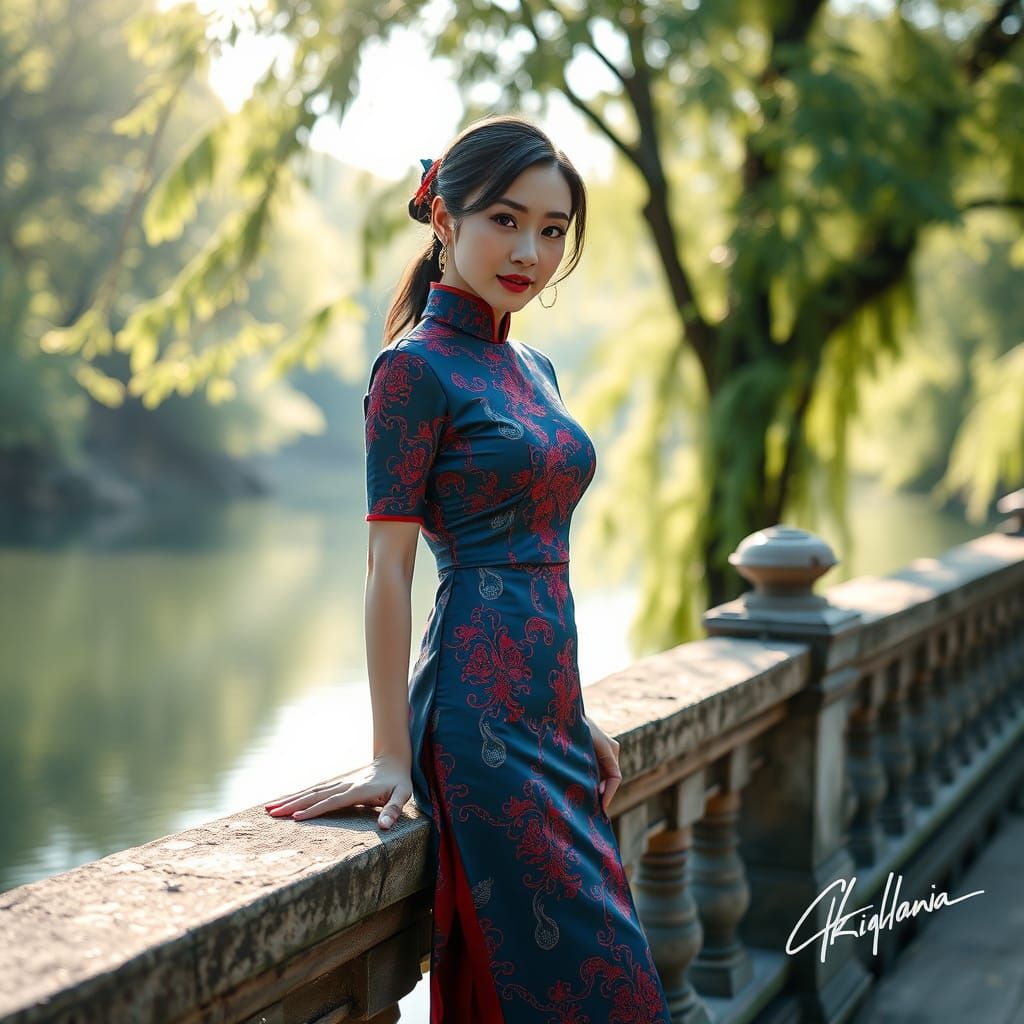 Elegant Asian Woman in Traditional Cheongsam, Reflecting on ...