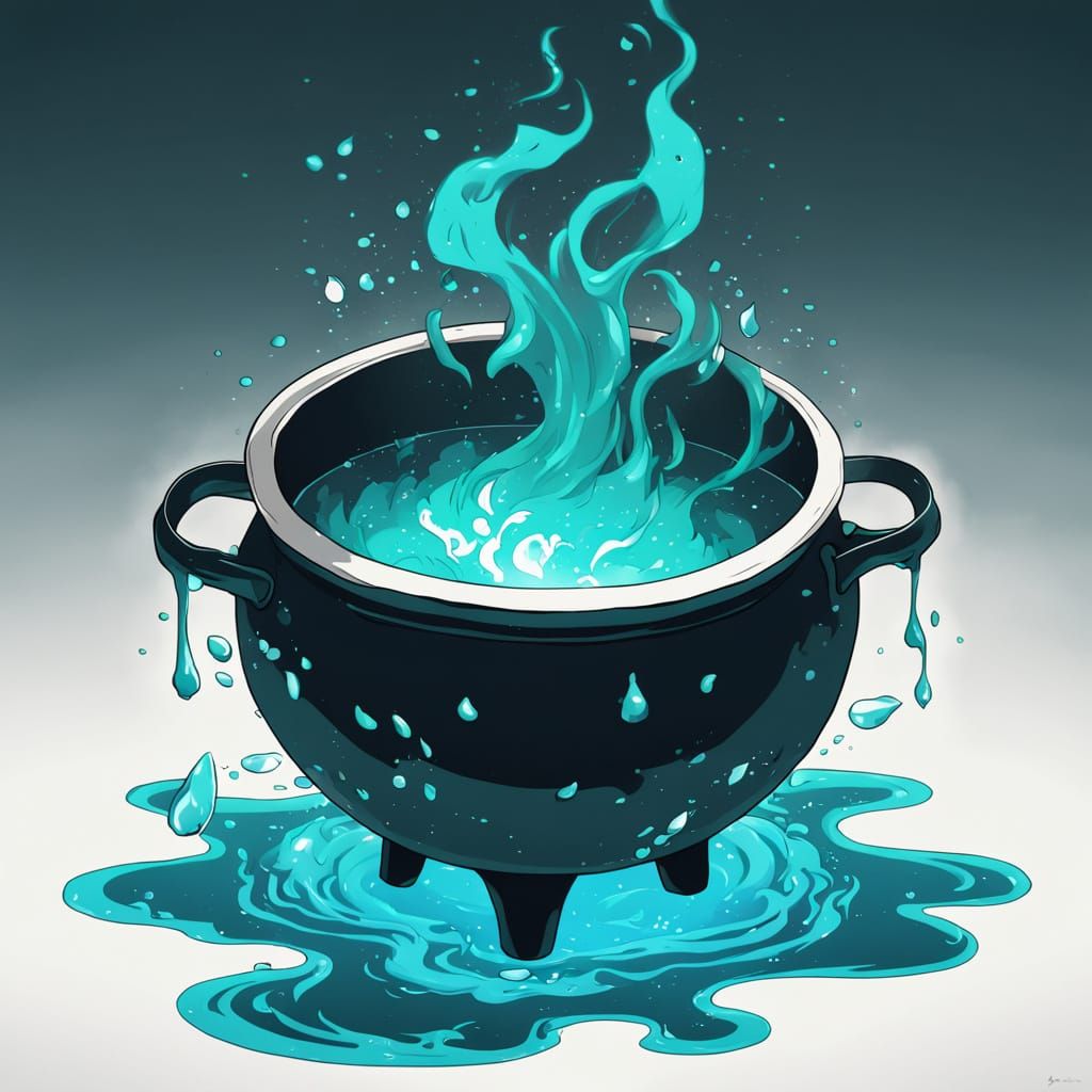 Cauldron filled with a boiling teal liquid 138