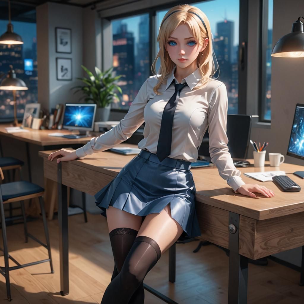 Blonde Anime Girl in Short Skirt, 3D Render