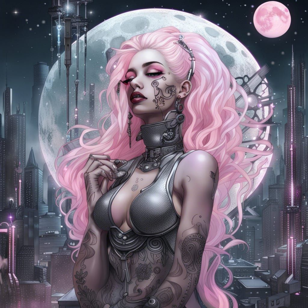 Moon Goddess with Cyberpunk City Aura