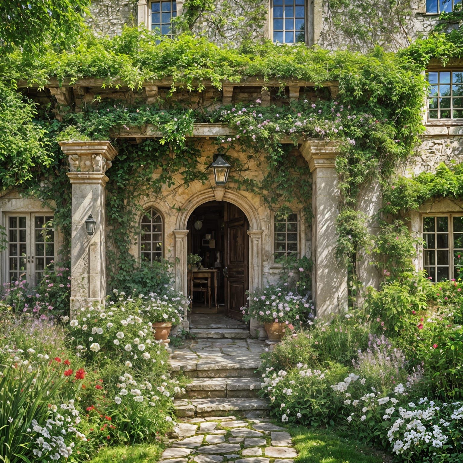 Rustic Summer Country House in Vibrant Garden with Jasmines