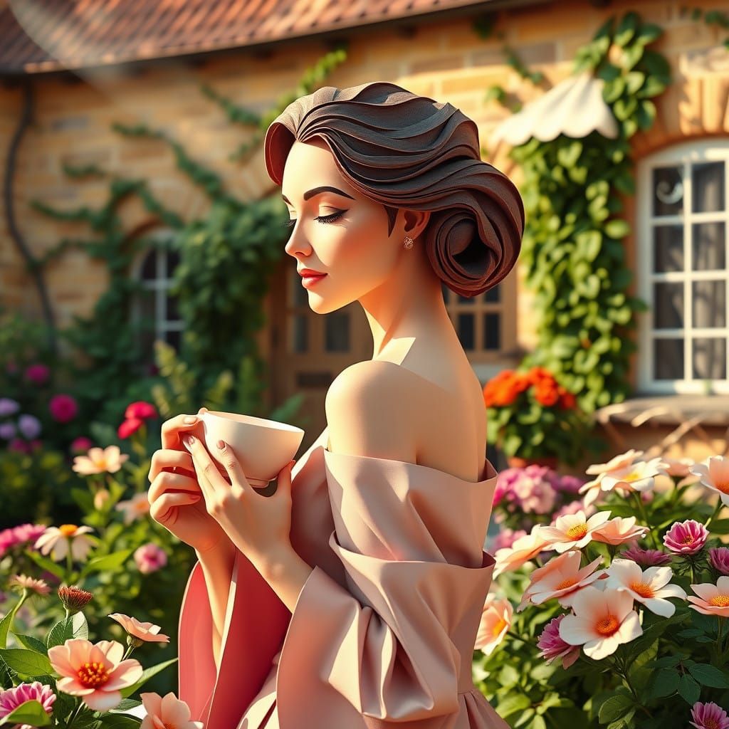 Serene Lady Sips Tea in Lush English Garden