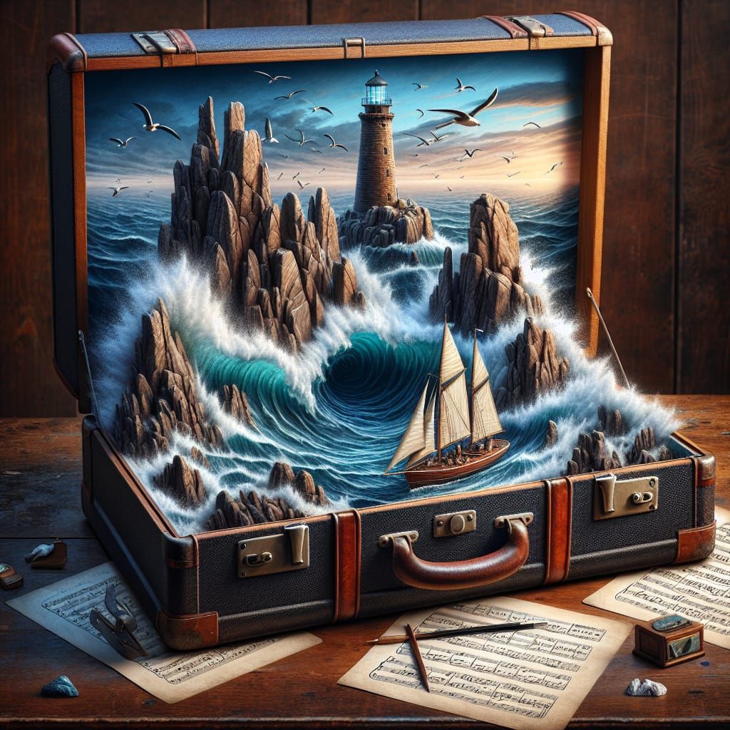 Seascape Diorama Inside Open Suitcase