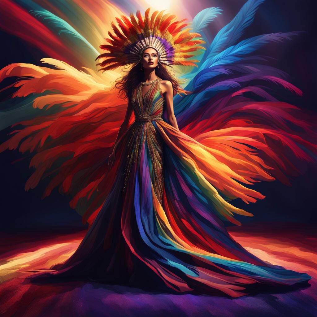 Rainbow Feathered Gown on Red Carpet