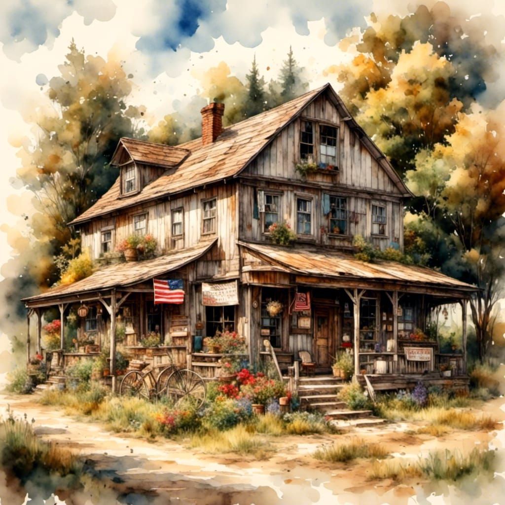 Charming Country Store in Antique Watercolor Style
