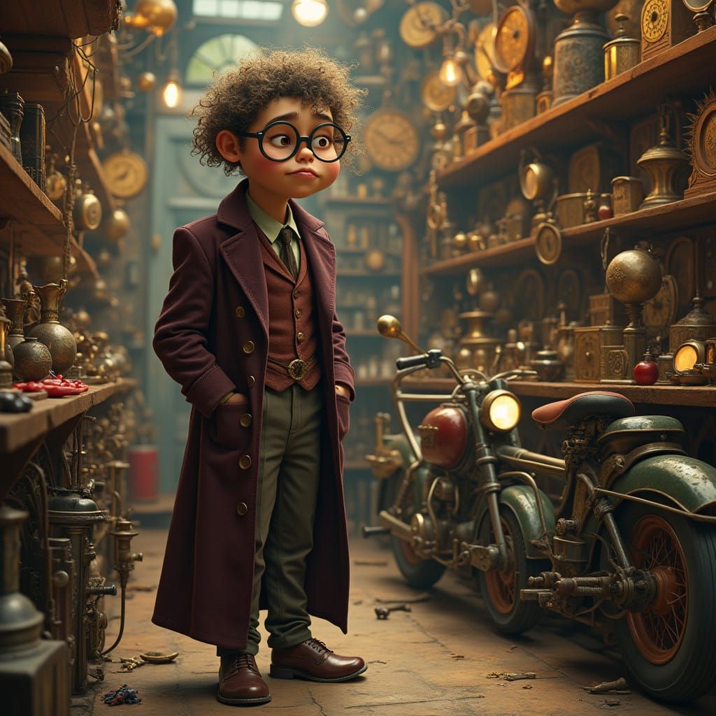 Whimsical Steampunk Shopkeeper in a Golden Emporium