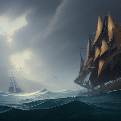 Gilded Ship with Bat Wing Sails Piercing Waves