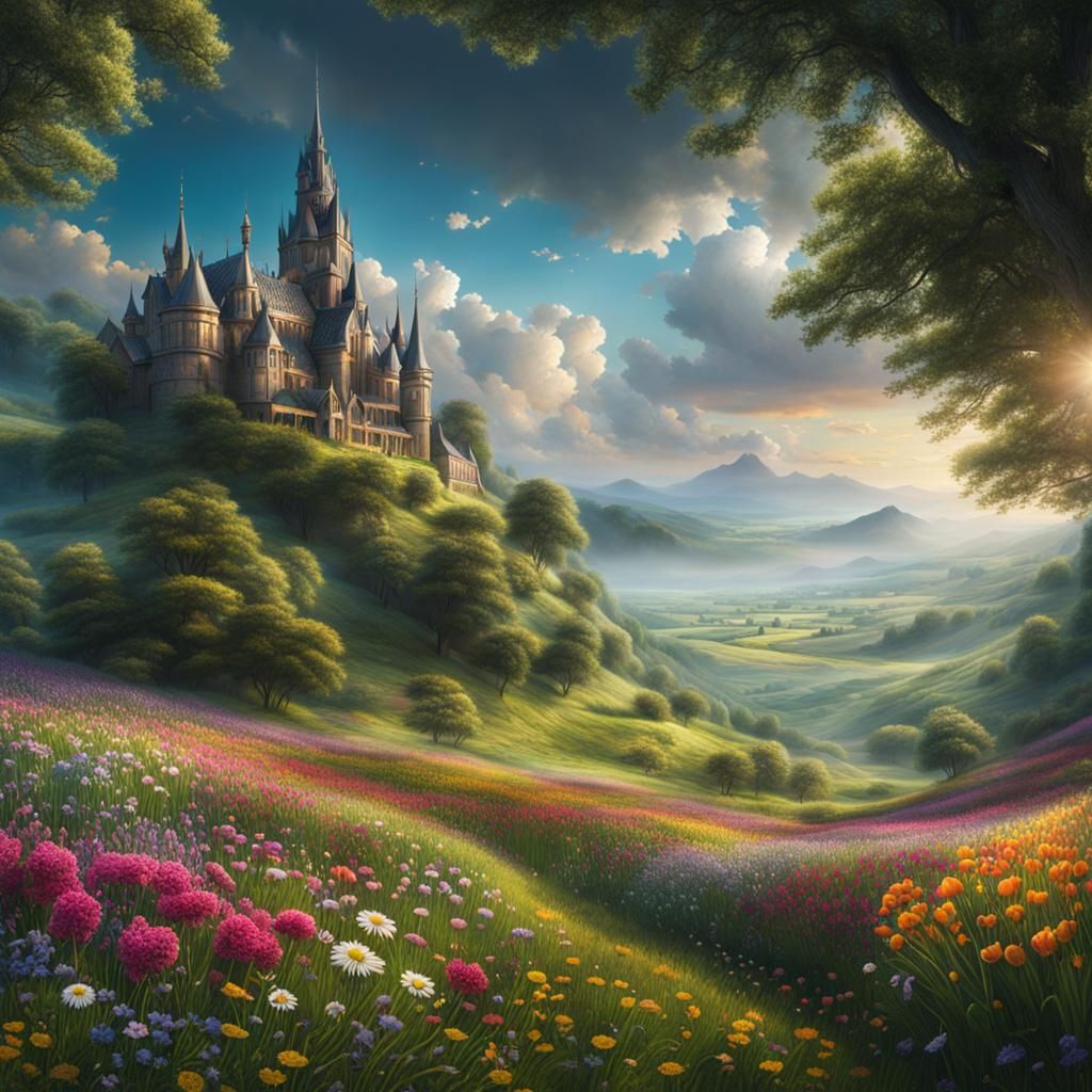 Epic Flower Meadow in Digital Matte Painting Style