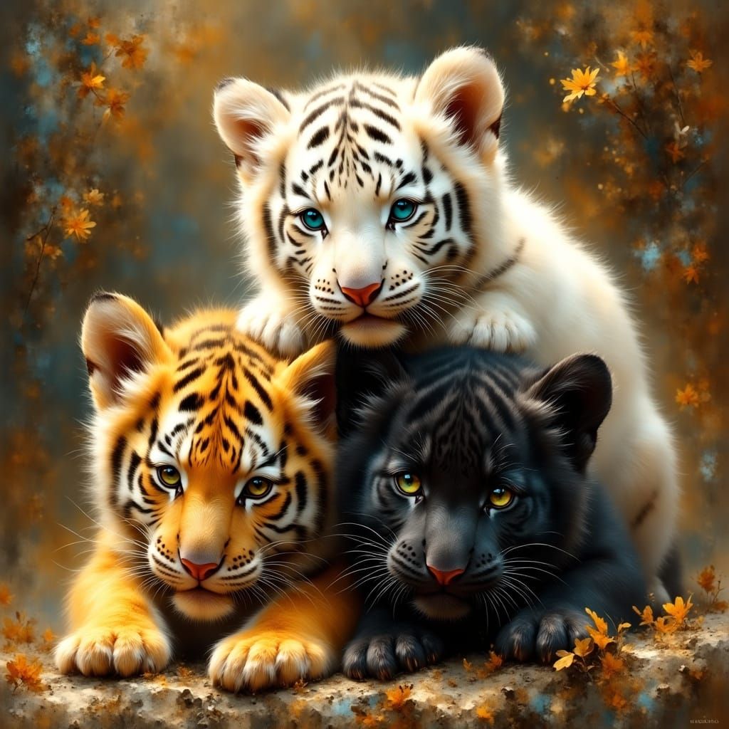 Three Tiger Cubs in Digital Painting Style