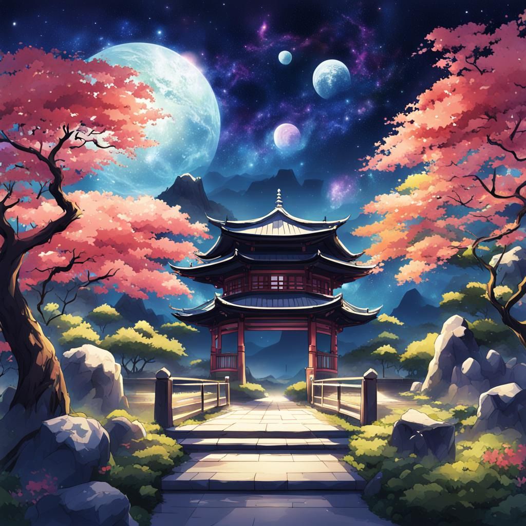 Galactic Japanese Garden in Anime Style