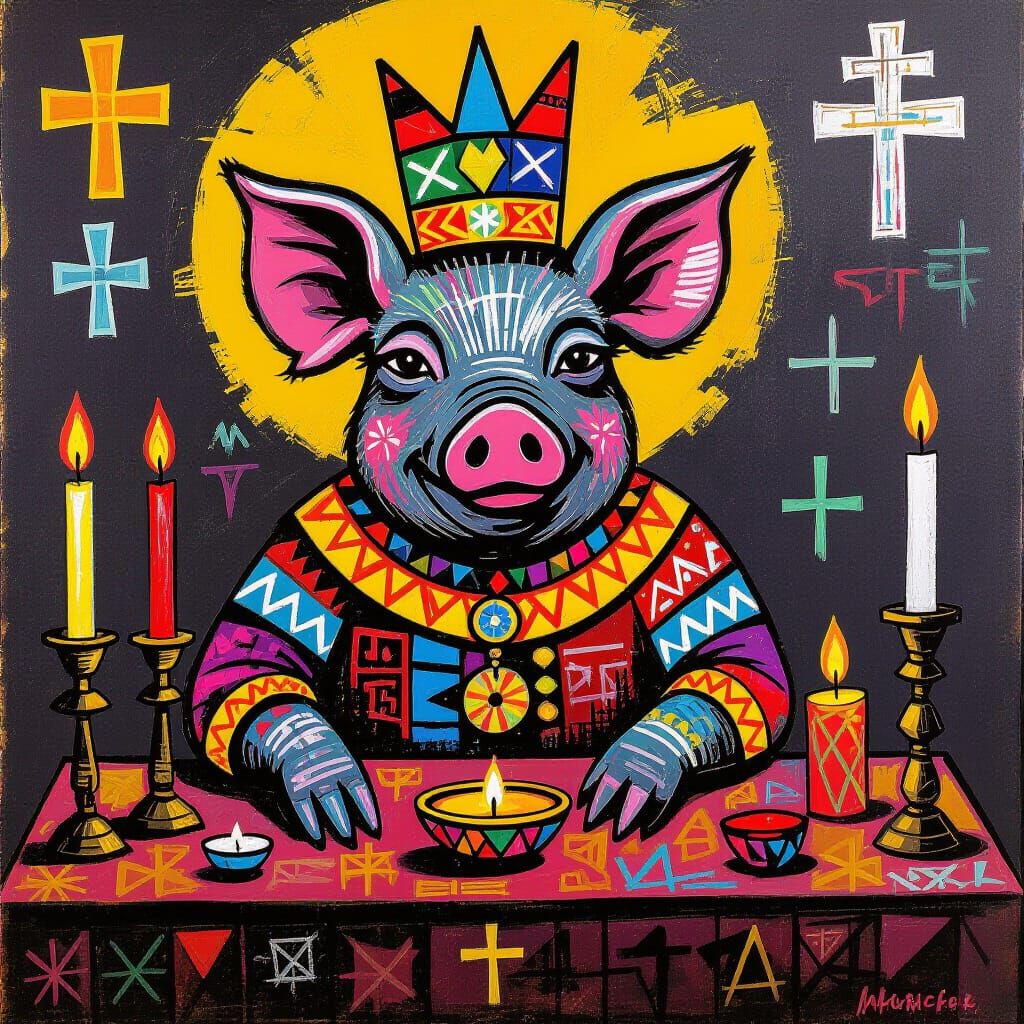 Creole Pig in Haitian Vodou Ritual, Basquiat-inspired