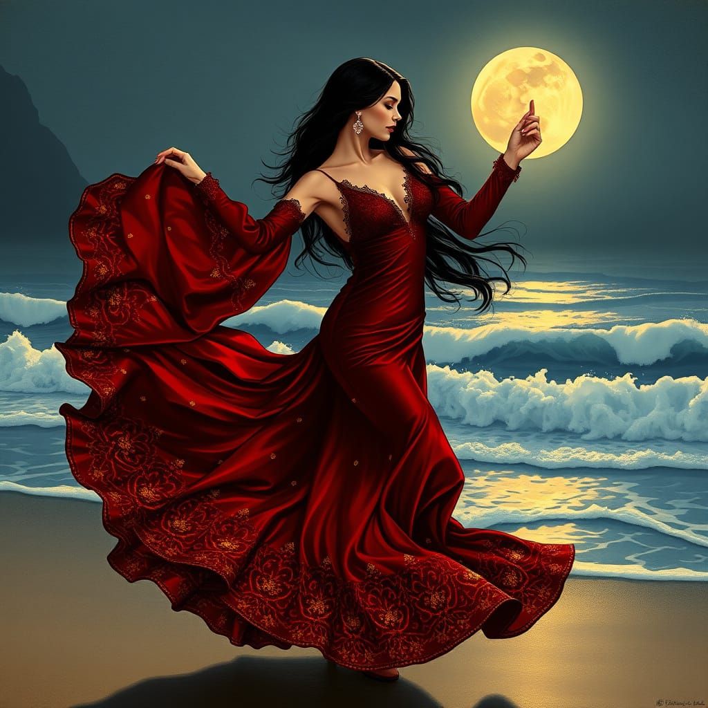 Flamenco Dancer in Art Deco Style on Moonlit Beach