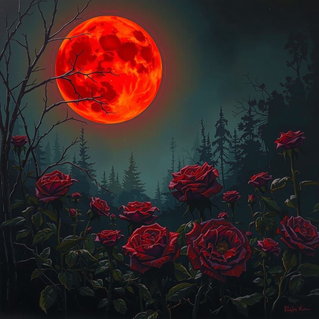 Eerie Night Garden with Red Moon in Hyperrealism