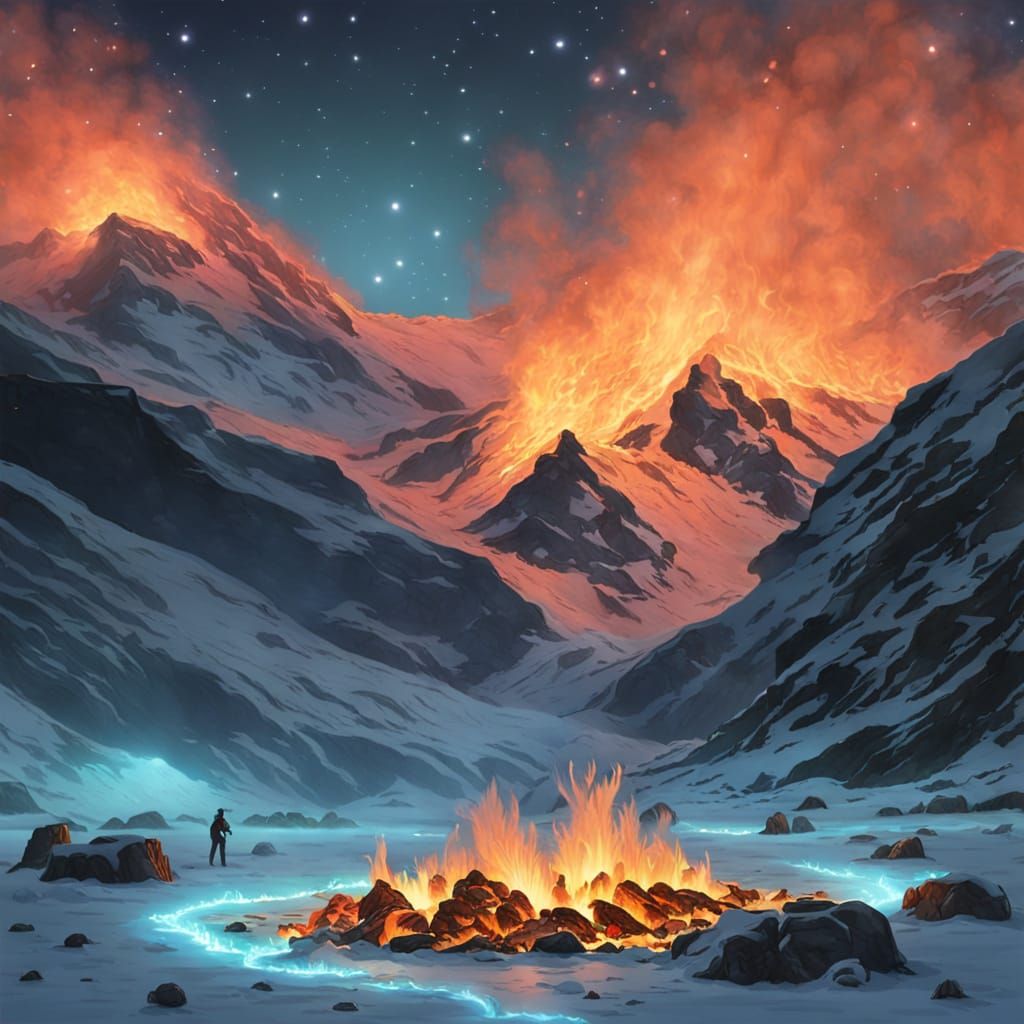 Blazing Campfire on Bioluminescent Glacier