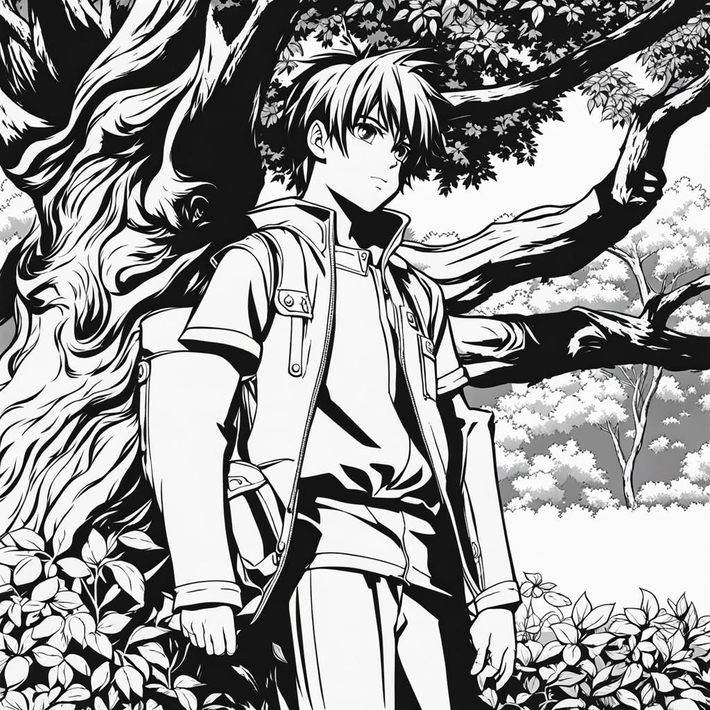 Anime Boy Coloring Page with Tree