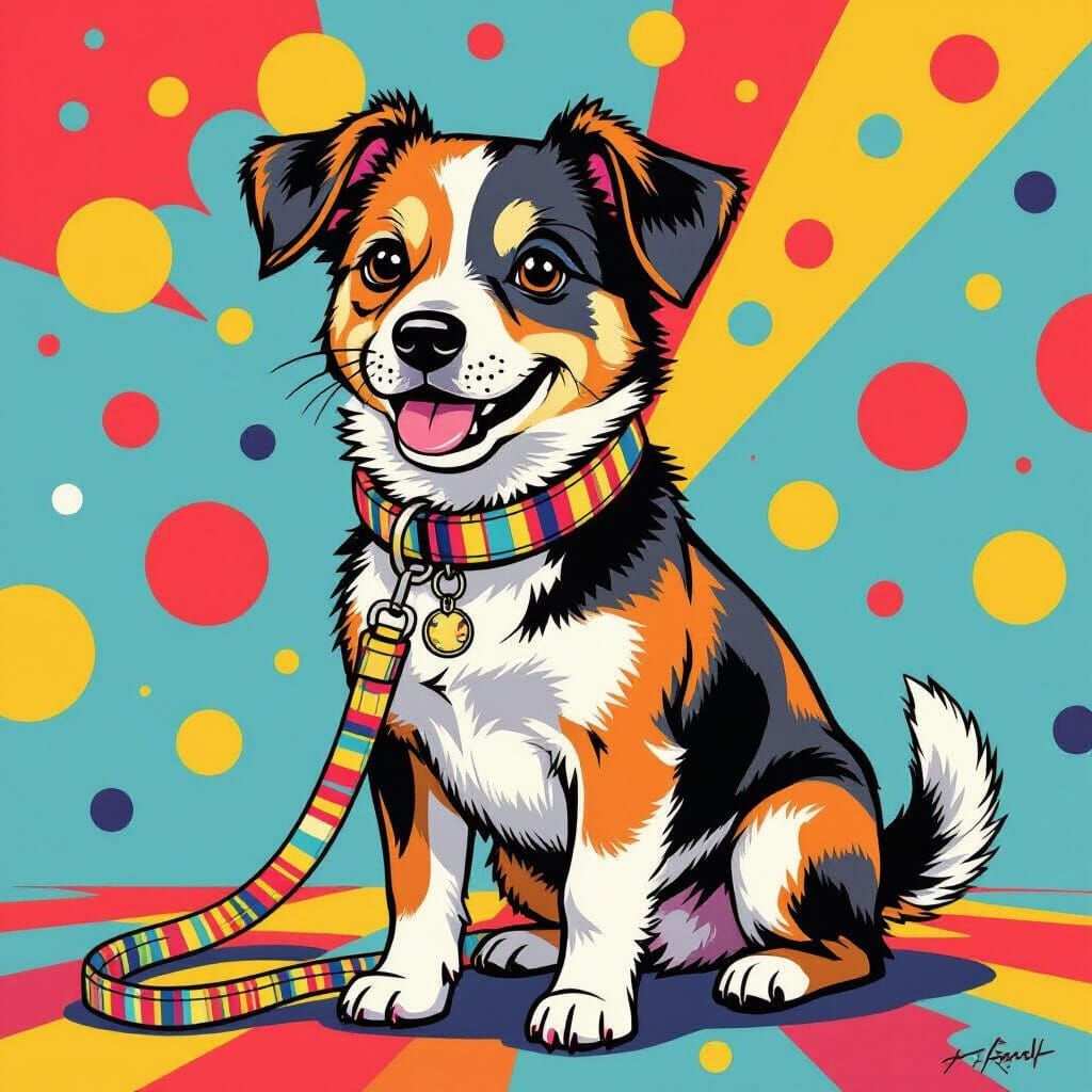 Pop Art Dog with Striped Collar and Leash