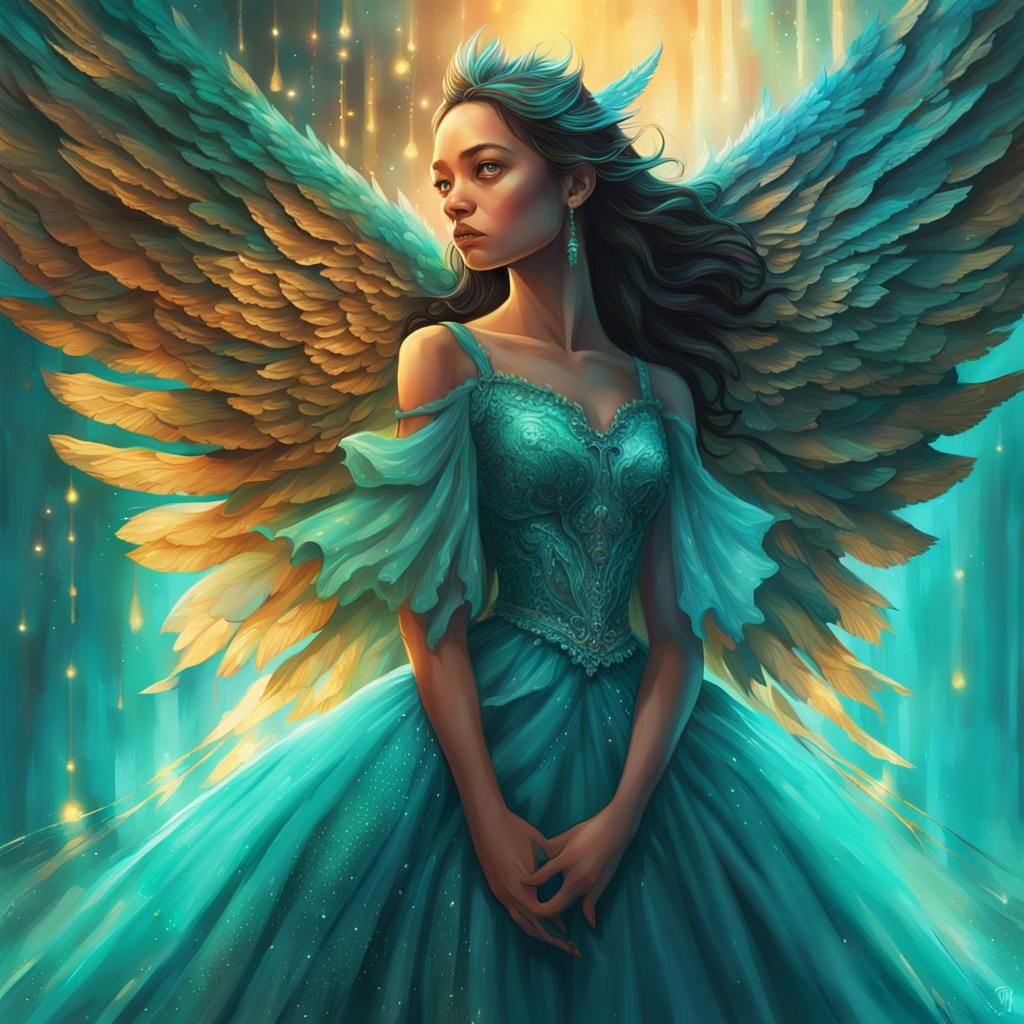 Girl in Teal Gown with Wings of Light