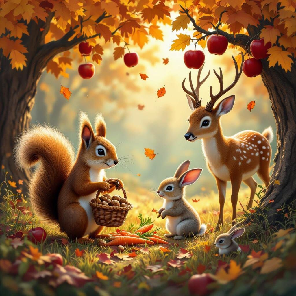 Whimsical Animals Gather Nature's Bounty in Autumn