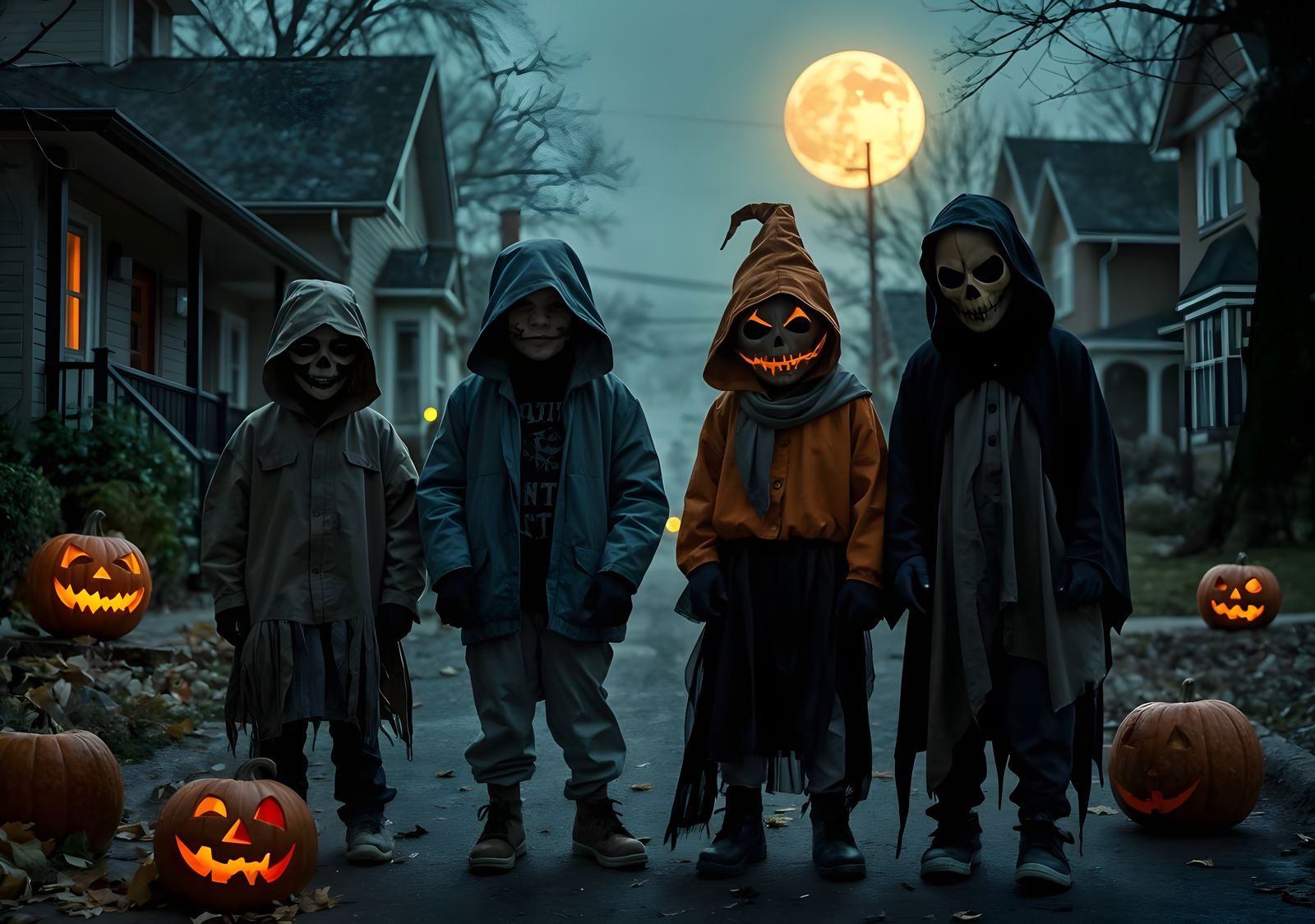 Creepy Halloween Kids in Costume on Street