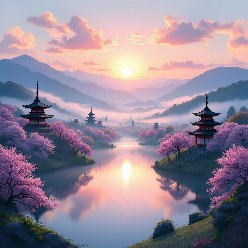 Fantasy Japanese Landscape at Dawn: Pagodas and Cherry Bloss...