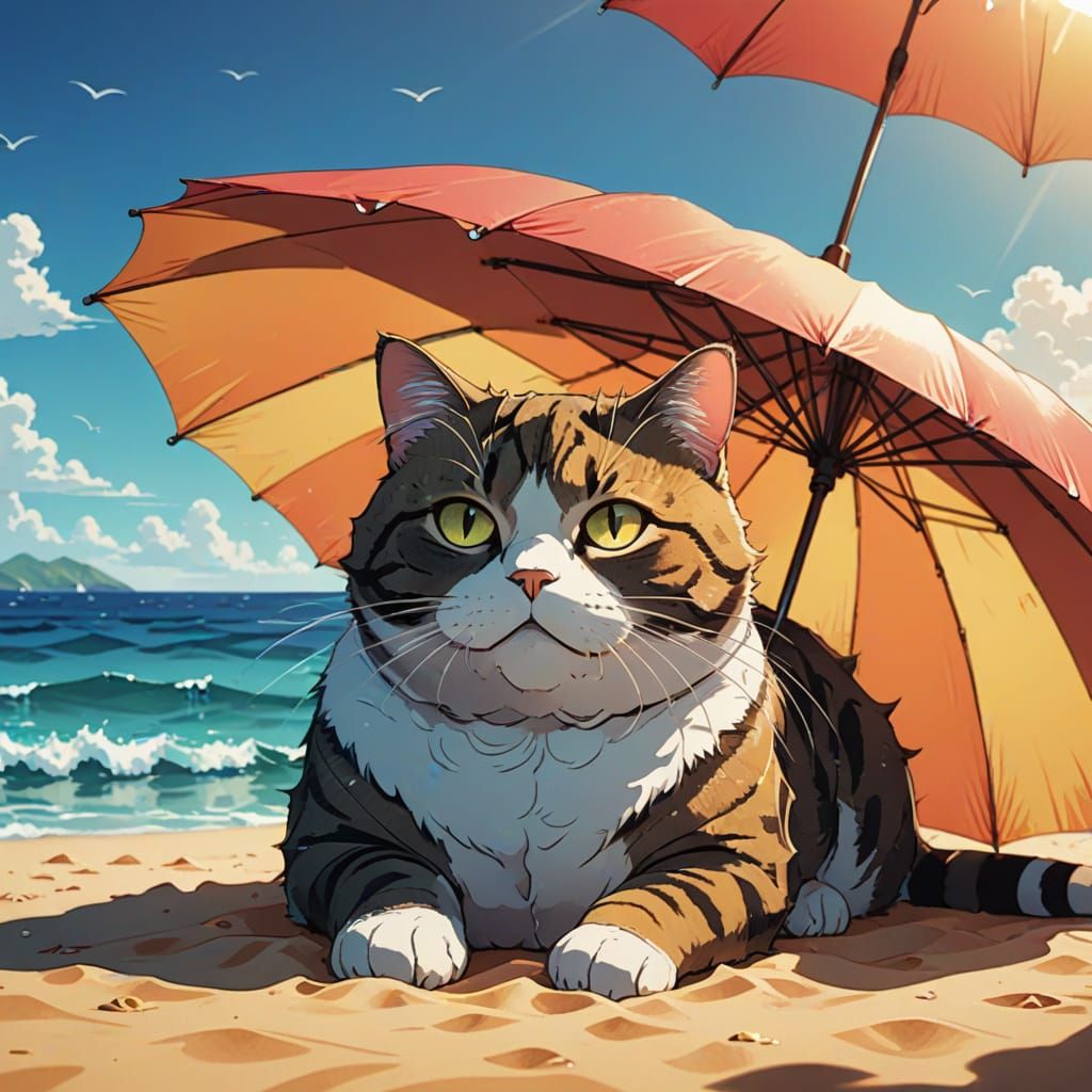 Fat Cat Under Sun Umbrella in Manga Style