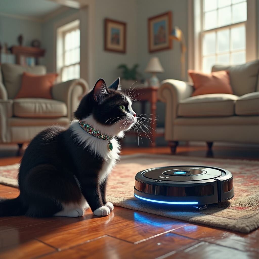 Tuxedo Cat Faces Off Against Roomba