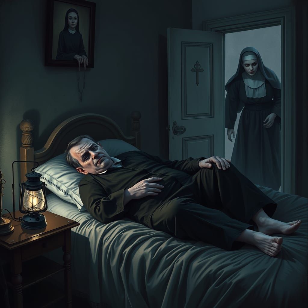 Frightened Monk Confronts Dark Figure in Gothic Horror Scene