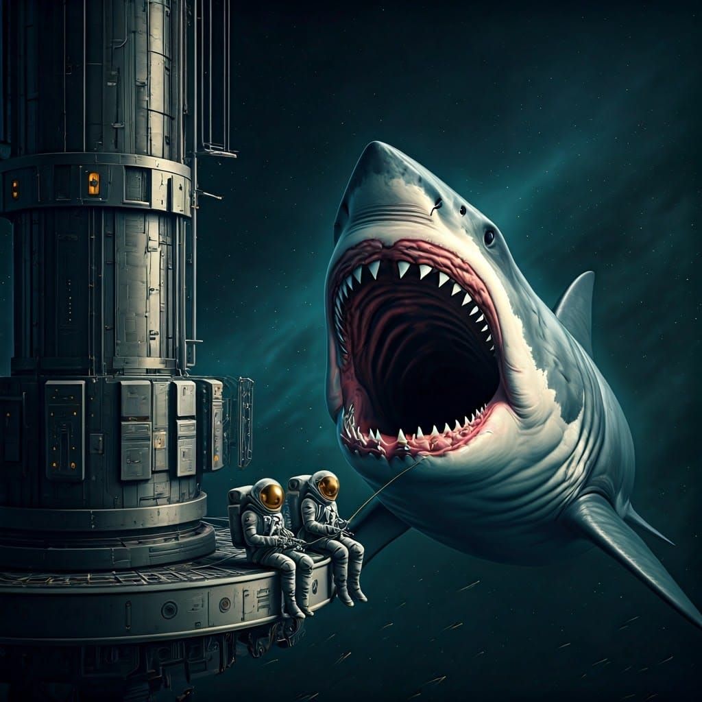 Astronauts Fishing Attract Giant Space Shark