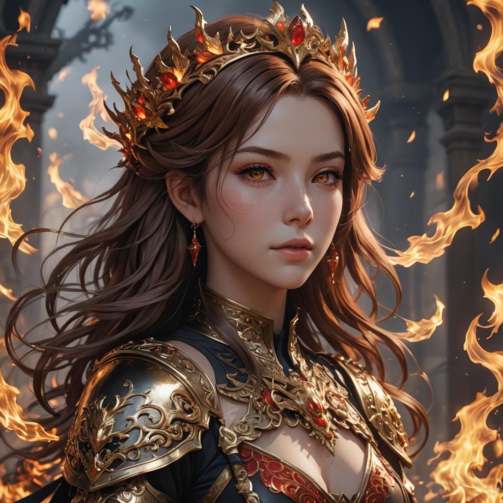 Anime Style Fire Queen with Brown Hair