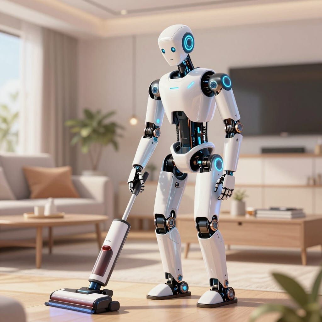 Sleek Robot Assistant in Modern Home, 3D Anime Style
