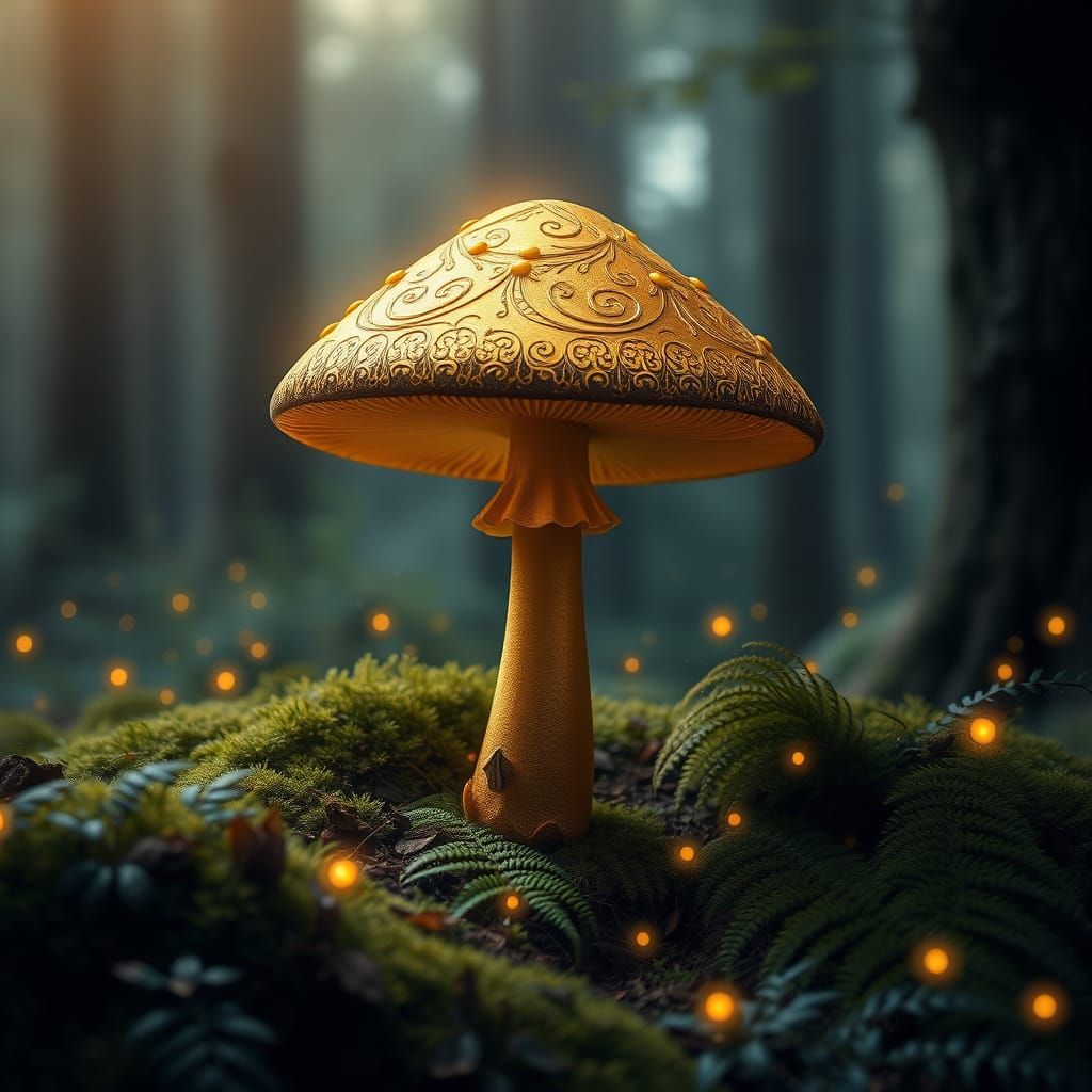 Ethereal Gold Mushroom in Whimsical Forest Glade