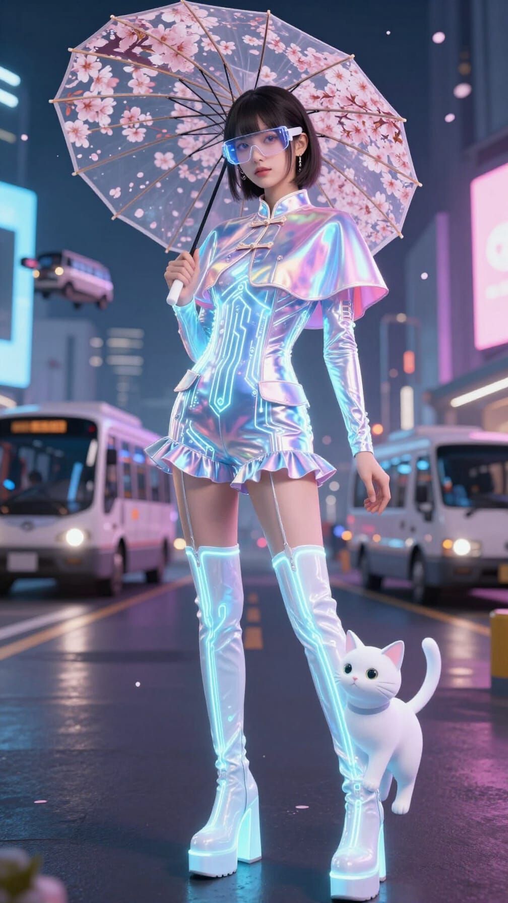 Futuristic Woman in Smart Textiles with Holographic Cat