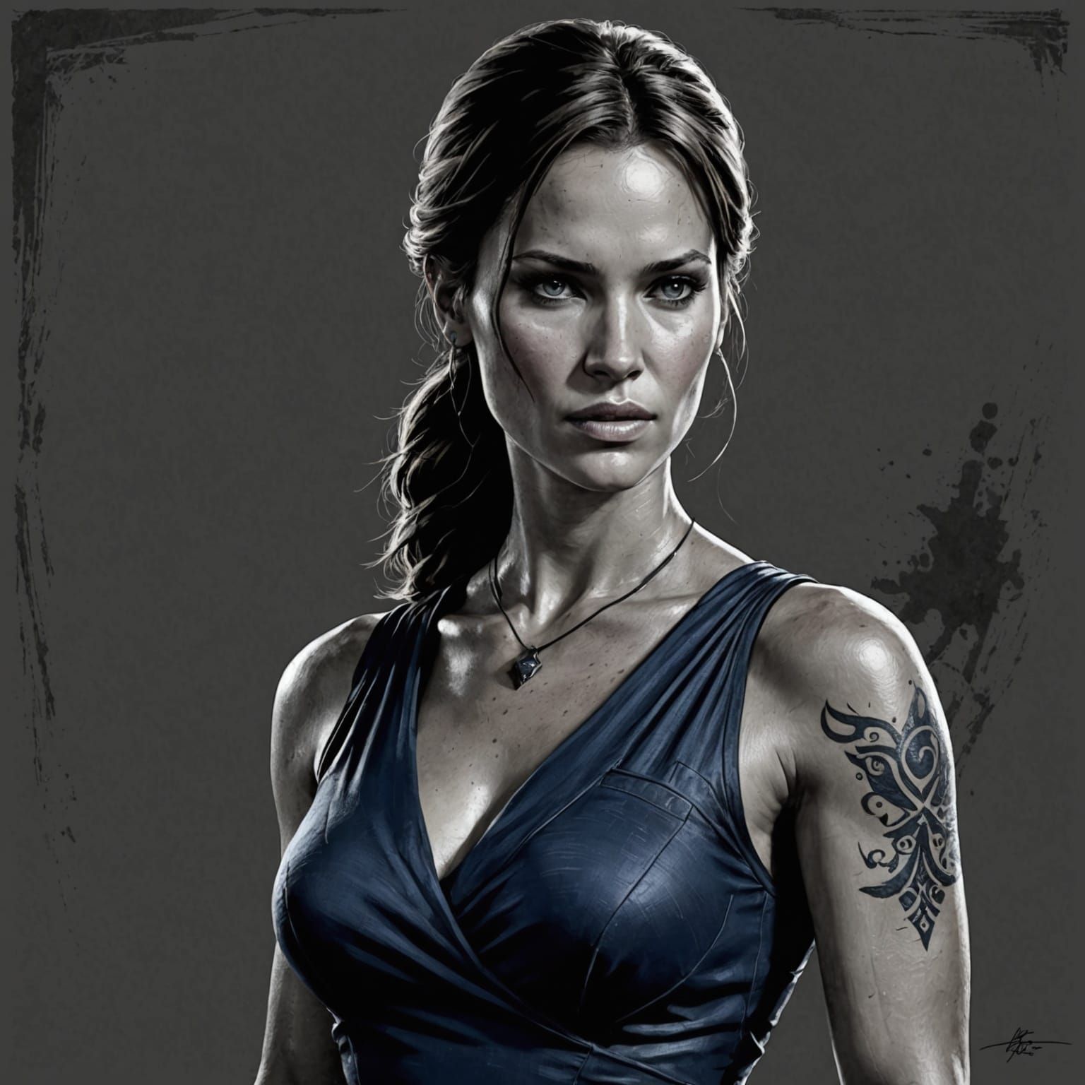 Lara Croft in Navy Blue Evening Wear