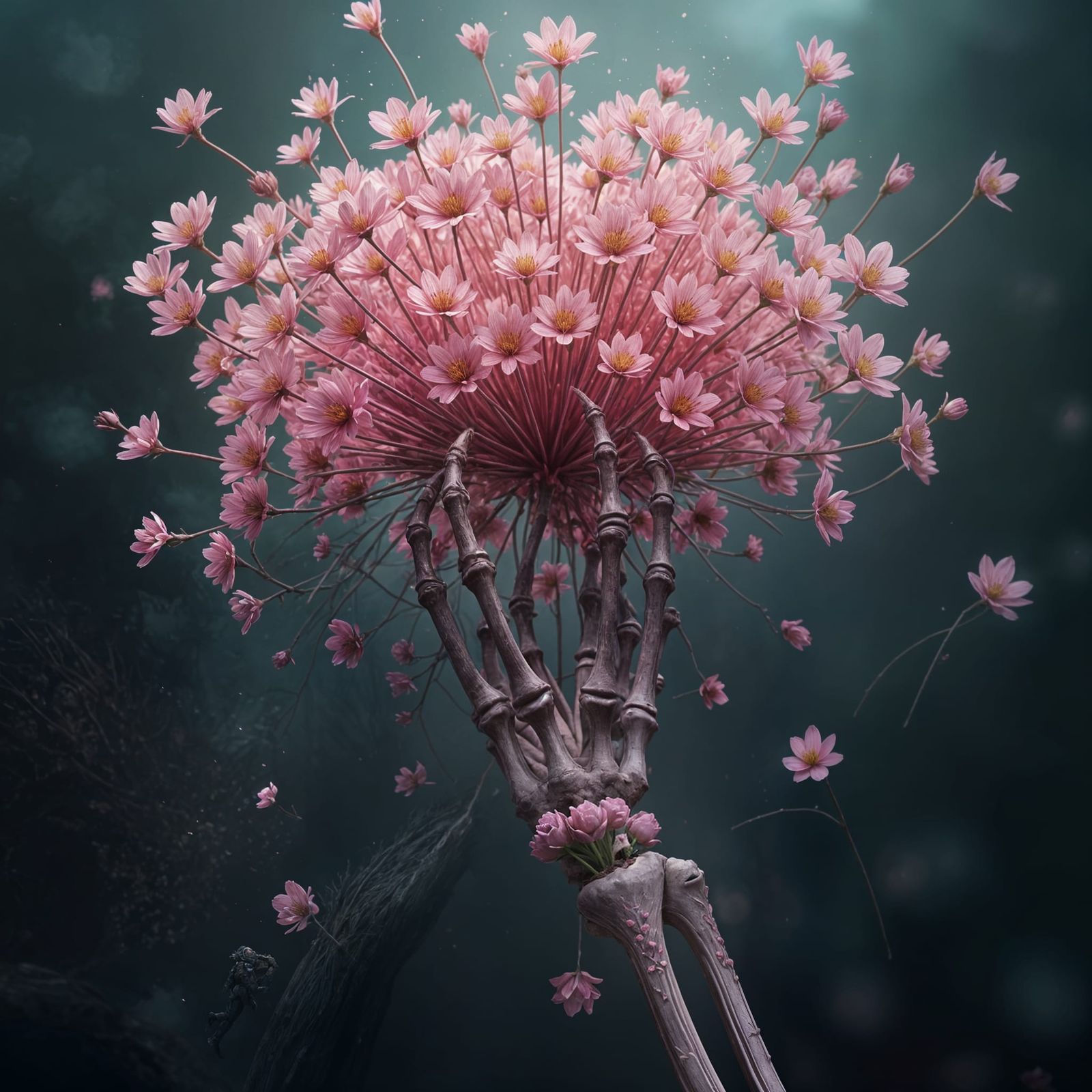 Surreal Bone Hand Bursting with Pink Flowers