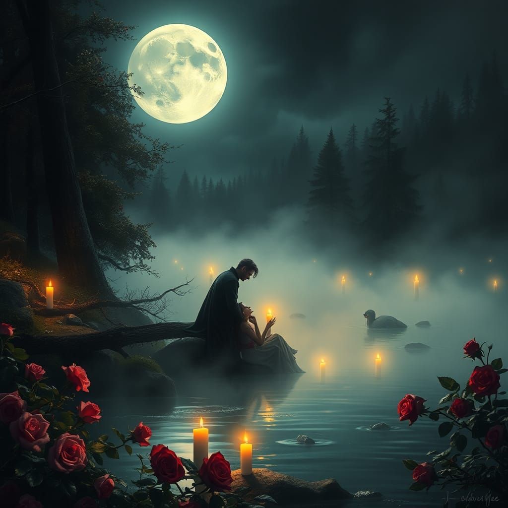 Romantic Vampire Kiss Under Moonlight in Ethereal Style