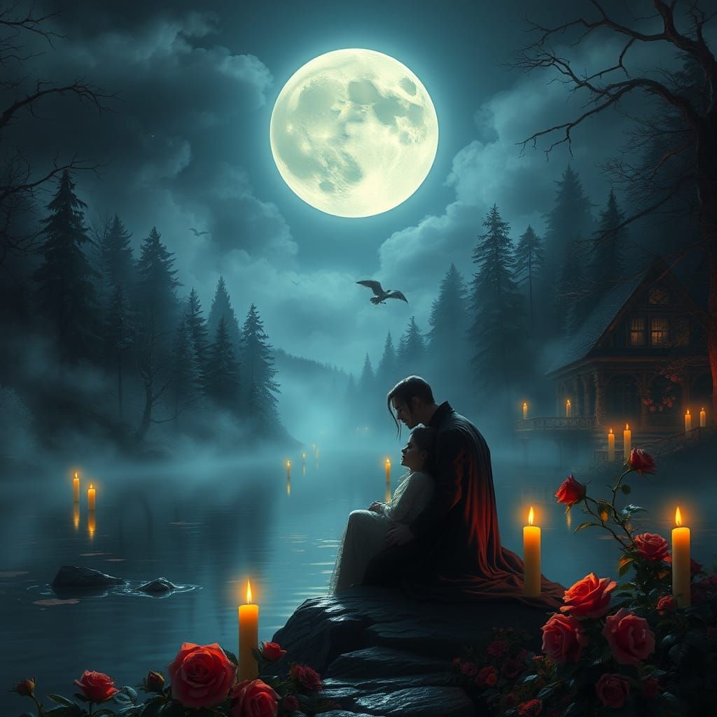 Romantic Vampire Couple Kissing Under Moonlight