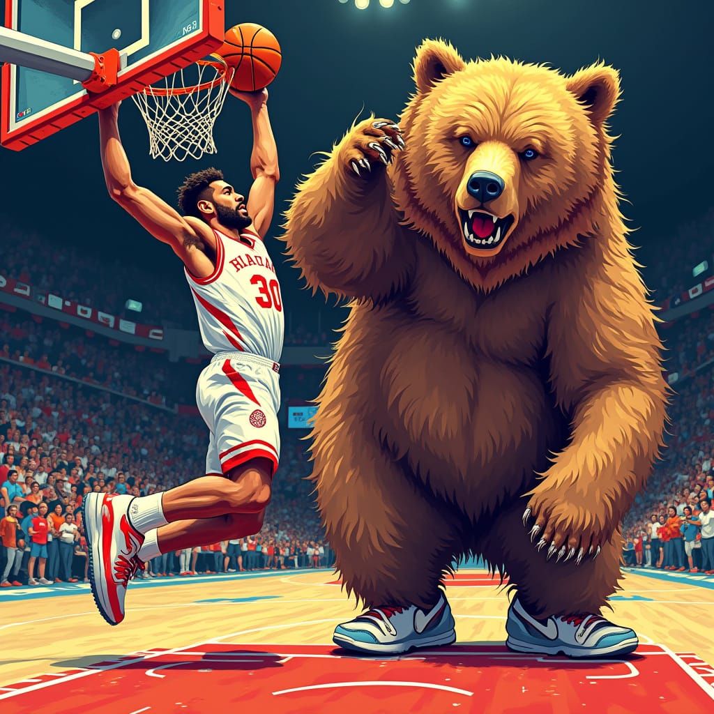 Basketball Player Dunks with Grizzly Bear, in Contemporary S...