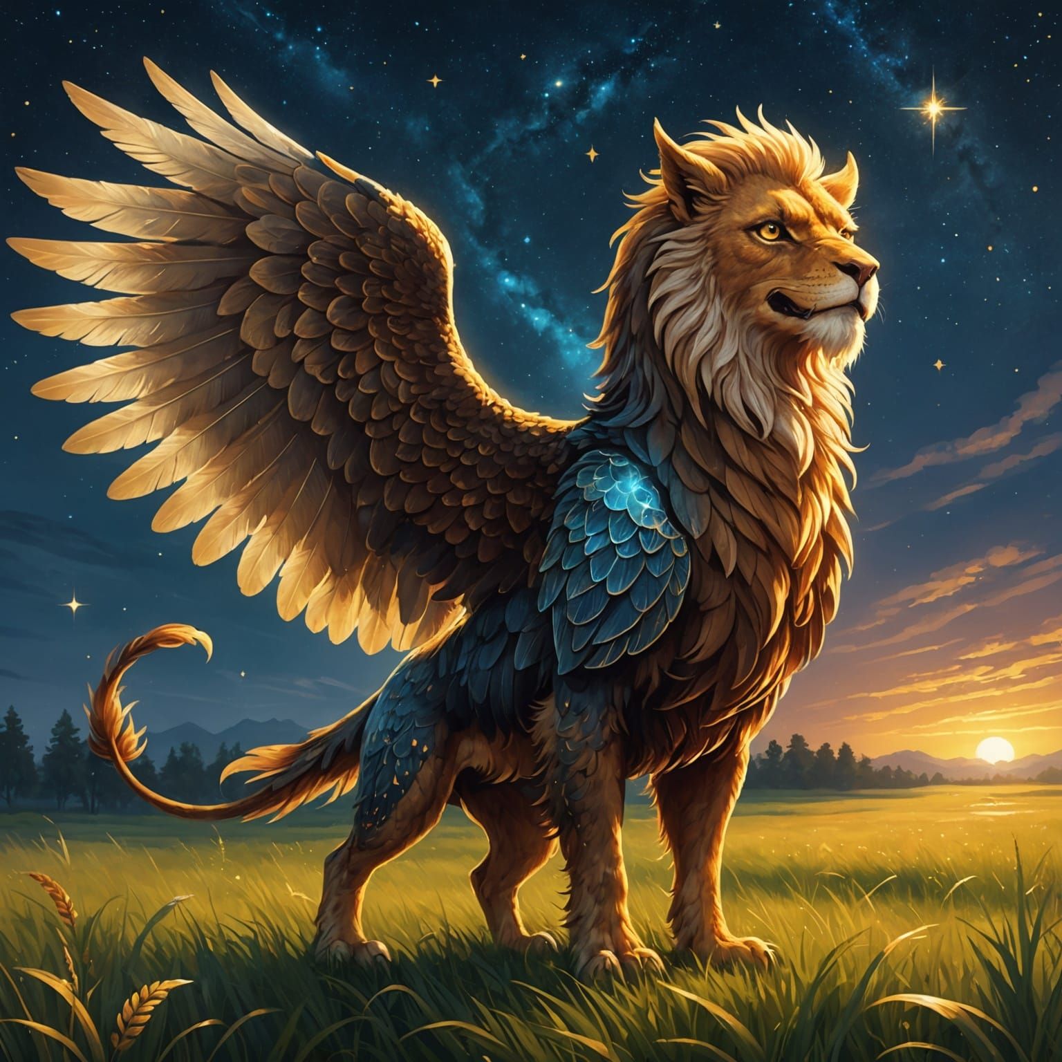 Grinning Griffin Grazing on Glowing Grassland