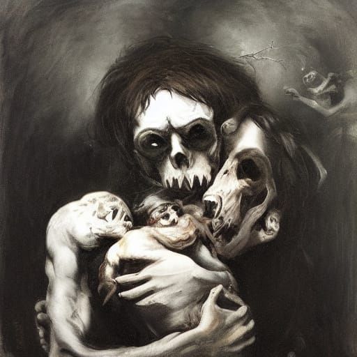 Grotesque Figure Consuming Child in Dark Romanticism Style