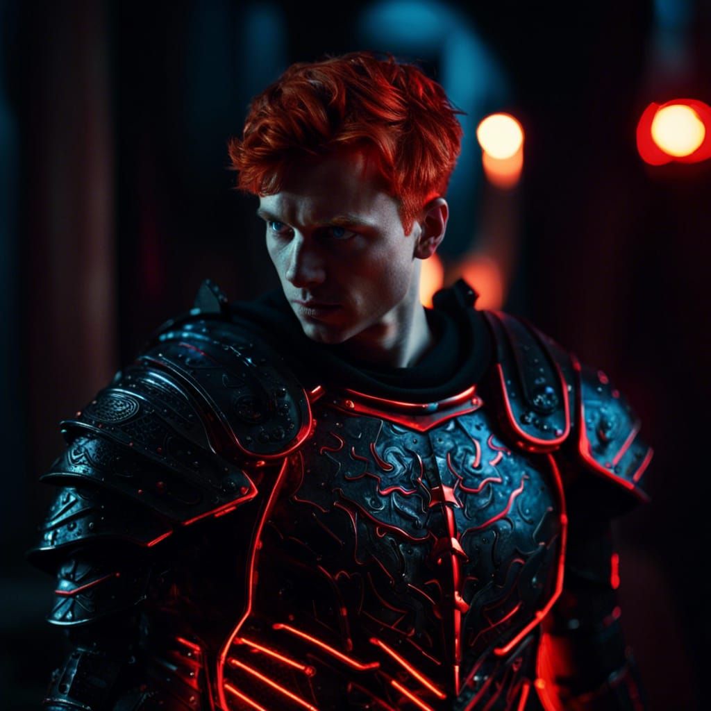 Red-Haired Knight in Neon Roman Cityscape