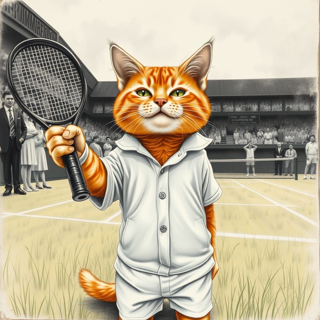 Victorious Orange Cat Wins Wimbledon: Hyperdetailed Charcoal...