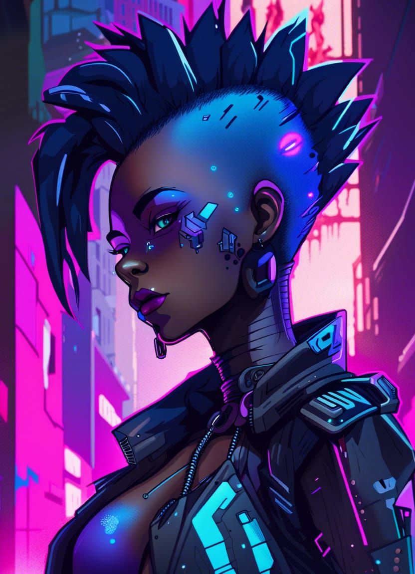 Futuristic Android Woman with Blue Mohawk in Cyberpunk Style