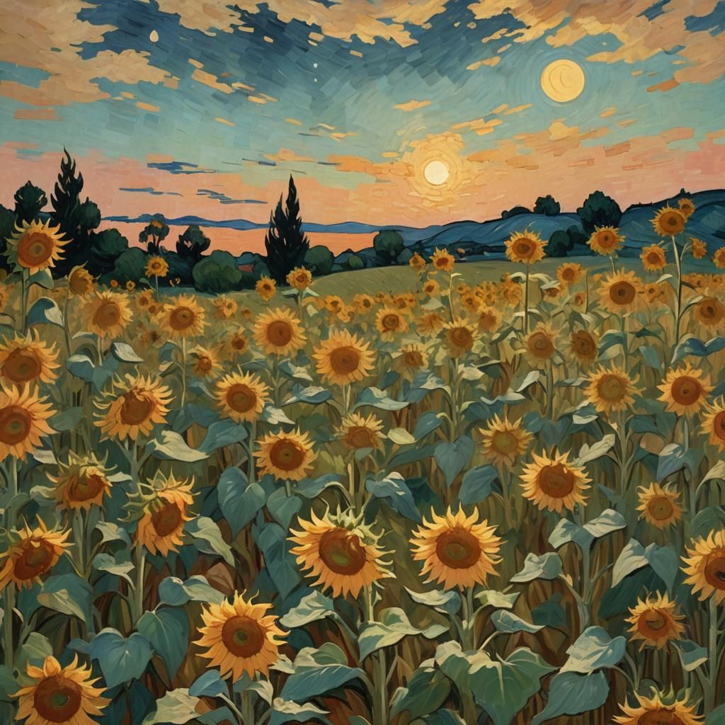 Moonlit Sunflowers in Impressionist Landscape