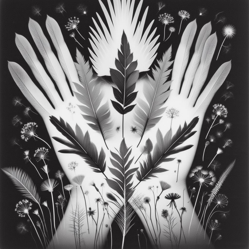 Hand Cradling Bird in Black and White Photogram Style