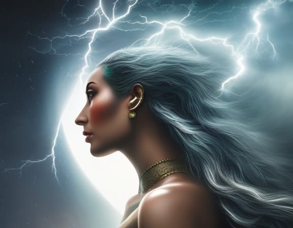 Goddess of the lightning storm, portrait of a mighty goddess in a thunderstorm