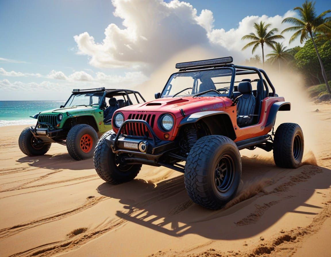Two cars; a dune buggy and a Jeep on a beach in Hawaii, ready to race.