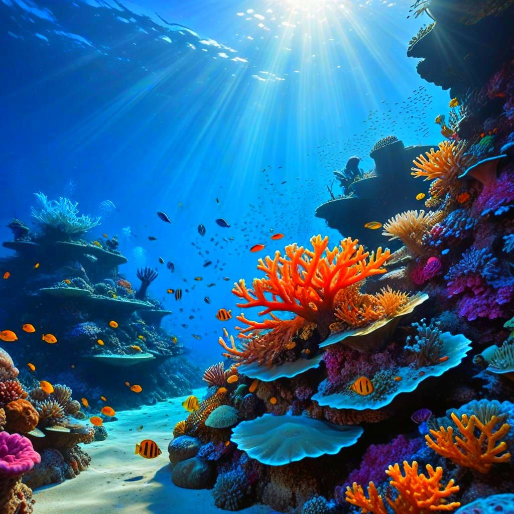 Vibrant Coral Reef Scene in Dazzling Hues
